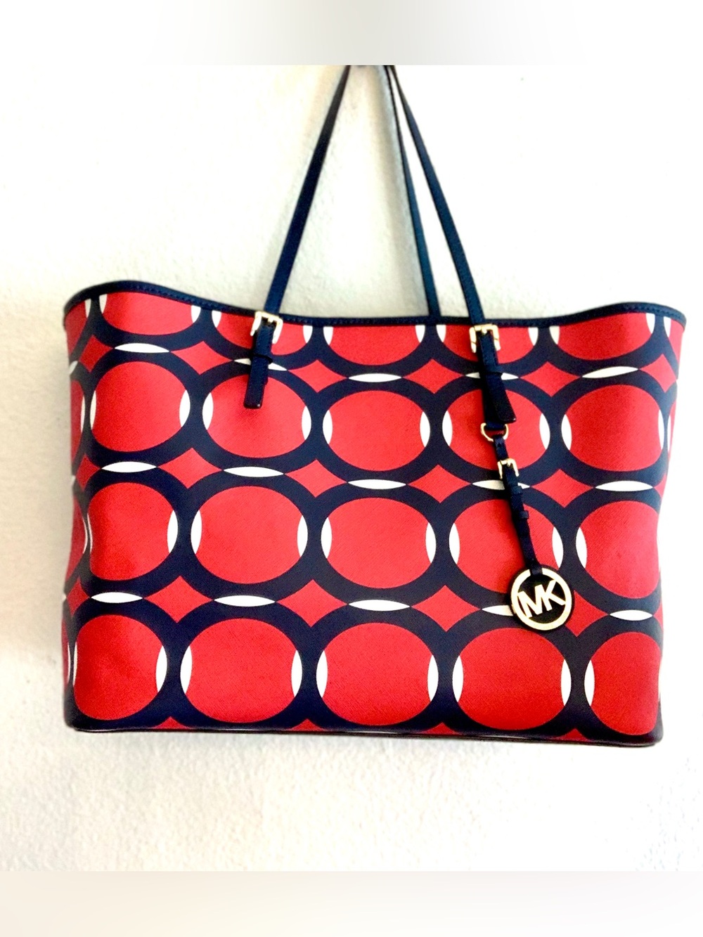 Michael Kors Red and Blue Circle-Print Tote with Gold MK Charm - Picture 3 of 16